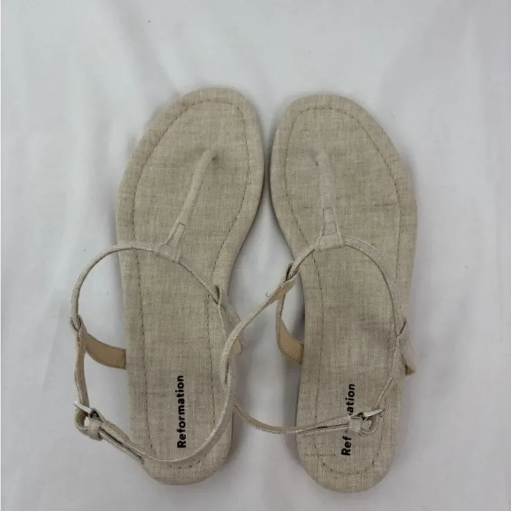 Reformation Cream Linen Thea T-Strap Women's Sandals